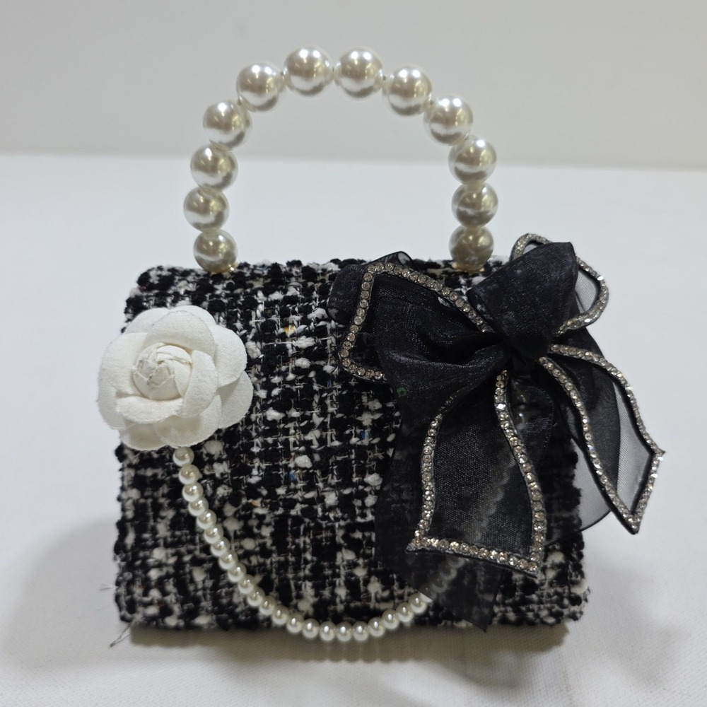 Tina Mur Handbag Girls Small Black White Tweed Pearl Handle Bow Flower Crossbody